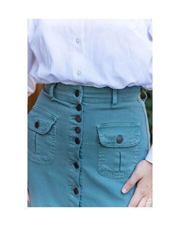 Boydan Düğmeli Körük Cepli Tesettür Etek Antik Turkuaz Yeşili-638