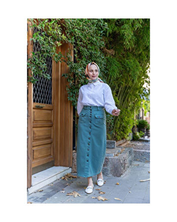 Boydan Düğmeli Körük Cepli Tesettür Etek Antik Turkuaz Yeşili-638