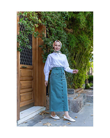 Boydan Düğmeli Körük Cepli Tesettür Etek Antik Turkuaz Yeşili-638