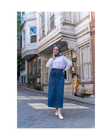 Boydan Düğmeli Körük Cepli Tesettür Etek Koyu Mavi-626