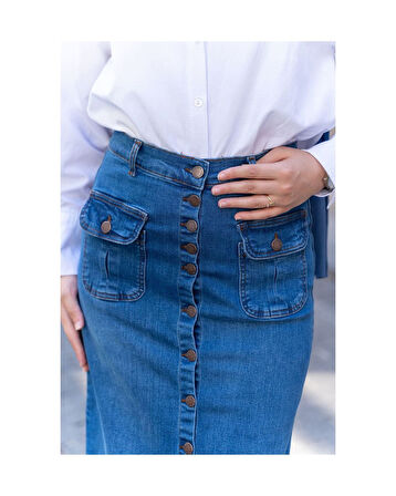 Boydan Düğmeli Körük Cepli Tesettür Etek Koyu Mavi-626