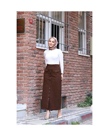 Boydan Düğmeli Körük Cepli Tesettür Etek Kahverengi-641