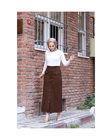 Boydan Düğmeli Körük Cepli Tesettür Etek Kahverengi-641