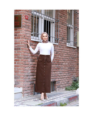Boydan Düğmeli Körük Cepli Tesettür Etek Kahverengi-641