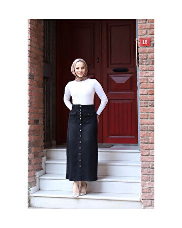 Boydan Düğmeli Körük Cepli Tesettür Etek Siyah-407