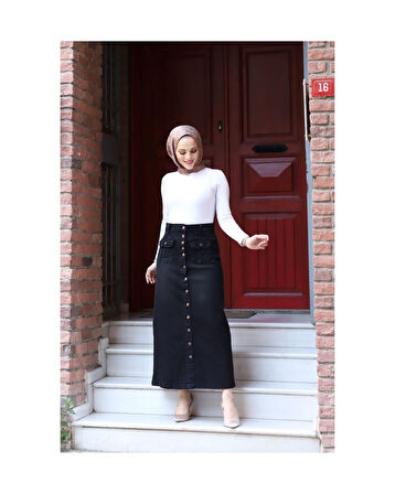 Boydan Düğmeli Körük Cepli Tesettür Etek Siyah-407