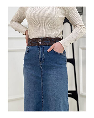 Kemer Dantel Detaylı Kot Etek - Koyu Mavi Koyu Mavi-430