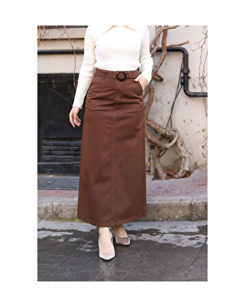 Cep Detaylı Kemerli Tokalı Gabardin Etek Kahverengi-1107