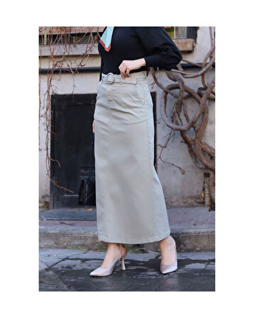 Cep Detaylı Kemerli Tokalı Gabardin Etek Kekik-1124