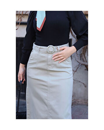 Cep Detaylı Kemerli Tokalı Gabardin Etek Kekik-1124