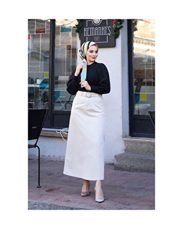 Cep Detaylı Kemerli Tokalı Gabardin Etek Krem-1121