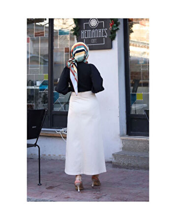 Cep Detaylı Kemerli Tokalı Gabardin Etek Krem-1121