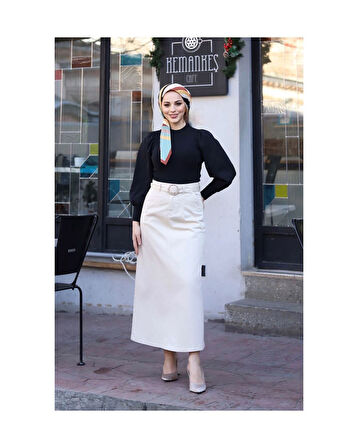 Cep Detaylı Kemerli Tokalı Gabardin Etek Krem-1121