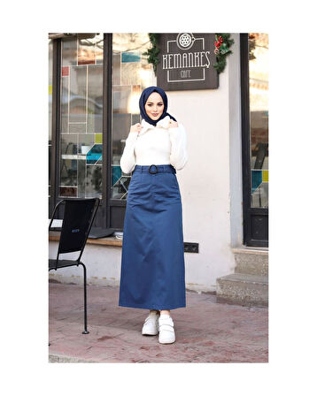 Cep Detaylı Kemerli Tokalı Gabardin Etek Siyah-1133