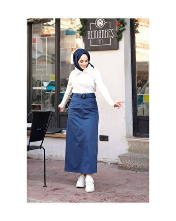 Cep Detaylı Kemerli Tokalı Gabardin Etek Siyah-1133