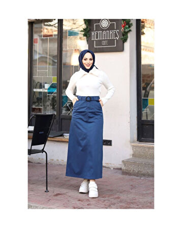 Cep Detaylı Kemerli Tokalı Gabardin Etek Siyah-1133