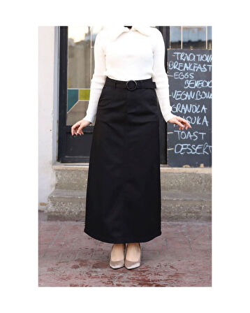 Cep Detaylı Kemerli Tokalı Gabardin Etek Siyah-1142