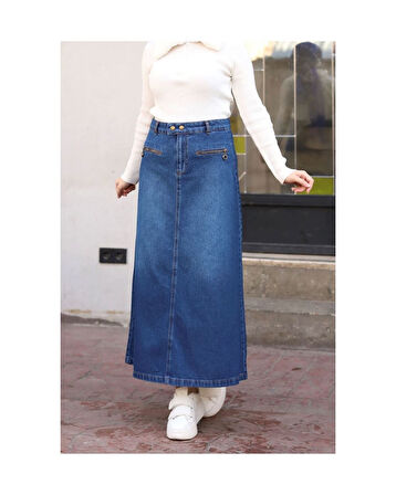 Beli Çıt Çıtlı Fermuar Cep Detaylı Kot Etek  Mavi-1115