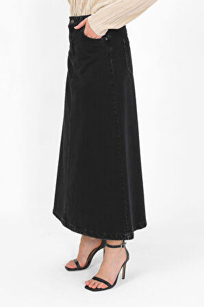 YÜKSEK BEL A KESİM DENİM ETEK Siyah