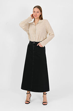 YÜKSEK BEL A KESİM DENİM ETEK Siyah