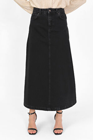 YÜKSEK BEL A KESİM DENİM ETEK Siyah