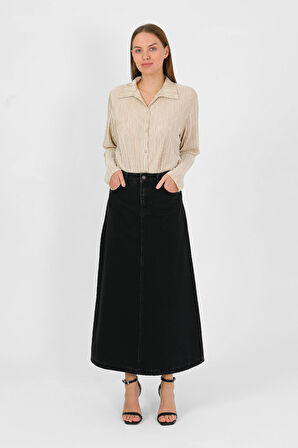 YÜKSEK BEL A KESİM DENİM ETEK Siyah