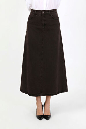 YÜKSEK BEL A KESİM DENİM ETEK KAHVERENGİ