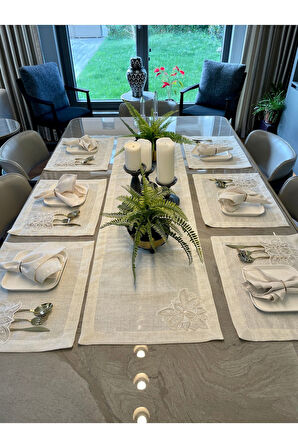 12 Kişilik Linen Fransız Dantelli Gold Simli Ekru Amerikan Servis Ve Runner Set 13 PARÇA (PEÇETESİZ)