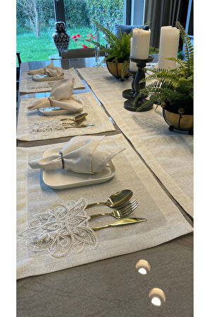 12 Kişilik Linen Fransız Dantelli Gold Simli Ekru Amerikan Servis Ve Runner Set 13 PARÇA (PEÇETESİZ)