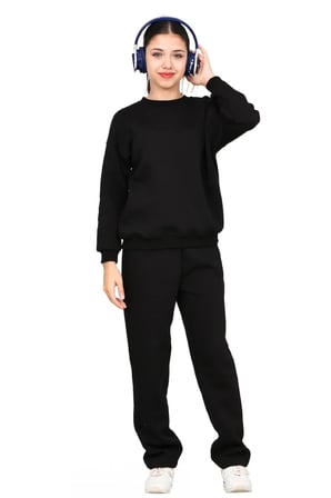 Unisex Kız-Erkek çocuk 3 iplik şardonlu pamuklu basic bisiklet yaka okul eşofman takımı — Siyah