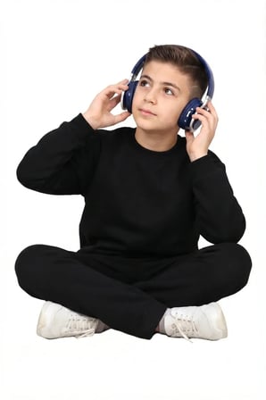 Unisex Kız-Erkek çocuk 3 iplik şardonlu pamuklu basic bisiklet yaka okul eşofman takımı — Siyah