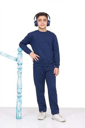 Unisex Kız-Erkek çocuk 3 iplik şardonlu pamuklu basic bisiklet yaka okul eşofman takımı — Lacivert