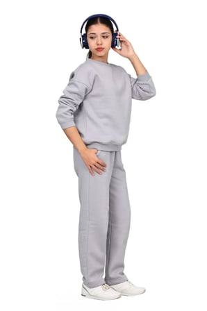 Unisex Kız-Erkek çocuk 3 iplik şardonlu pamuklu basic bisiklet yaka okul eşofman takımı — Gri