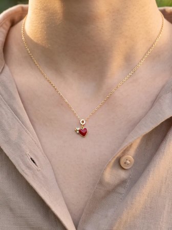 14 Ayar Taşlı Kırmızı Mineli Kalp Kolye