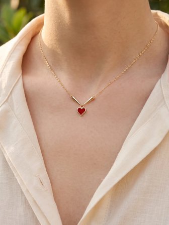 14 Ayar V-Bar Sallantılı Mineli Kalp Kolye