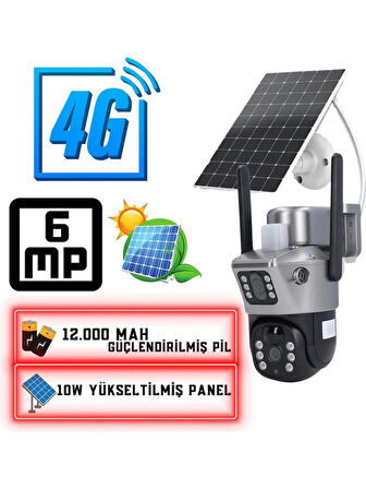 4G  12000 mah Sim Kart Girişli SOLAR 6MP Güneş Enerjili Kablosuz çift Kamera ET4G-001