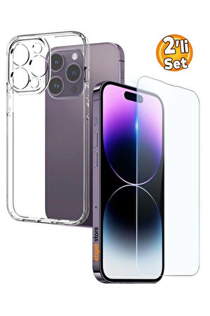 iPhone 14 Pro Şeffaf Kılıf + Cam Ekran Koruyucu Seti