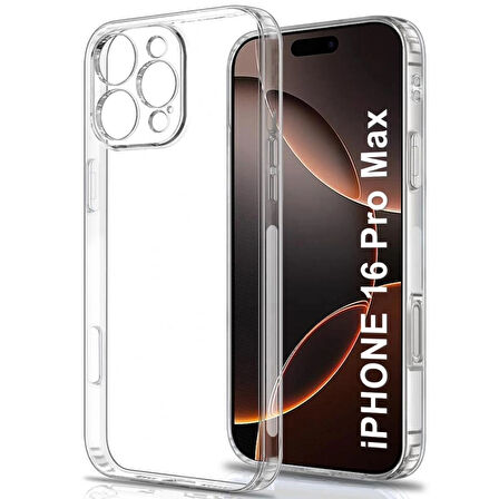iPhone 16 Pro Max Kılıf Şeffaf Silikon / Kamera Korumalı / Şarj Yeri Tıpalı / 