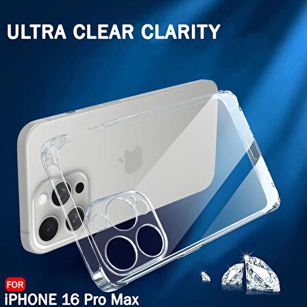 iPhone 16 Pro Max Kılıf Şeffaf Silikon / Kamera Korumalı / Şarj Yeri Tıpalı / 