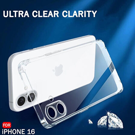 iPhone 16 Kılıf Şeffaf Silikon / Kamera Korumalı / Şarj Yeri Tıpalı