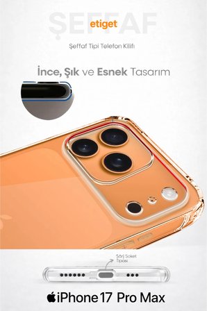 iPhone 17 Pro Max Şeffaf Silikon Kılıf – Şarj Yeri Tıpalı, Kenarları Kaymaz