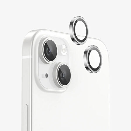 iPhone 15 / 15 Plus Kamera Lens Koruyucu ''Safir Cam & Kolay Kurulum'' (Beyaz)
