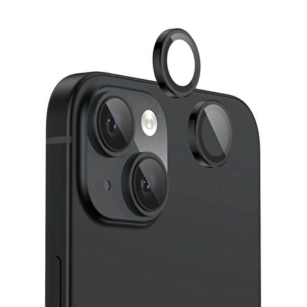 iPhone 15 / 15 Plus Kamera Lens Koruyucu ''Safir Cam & Kolay Kurulum'' (Siyah)