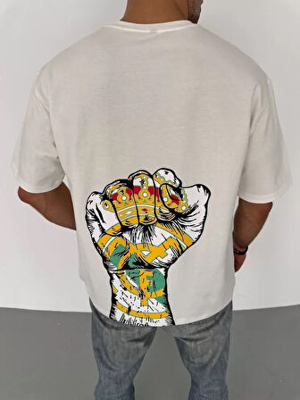 Unisex Bisiklet Yaka Baskılı Oversize T-Shirt - Beyaz