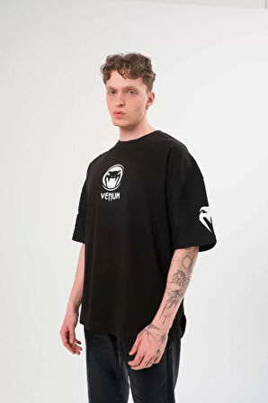 Unisex Bisiklet Yaka Baskılı Oversize T-Shirt - Siyah