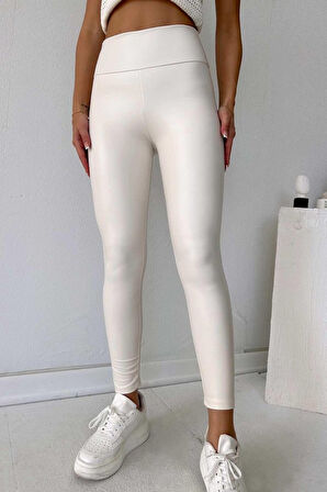 Kadın Yüksek Bel şardonlu Full Likralı Mat Deri Tayt