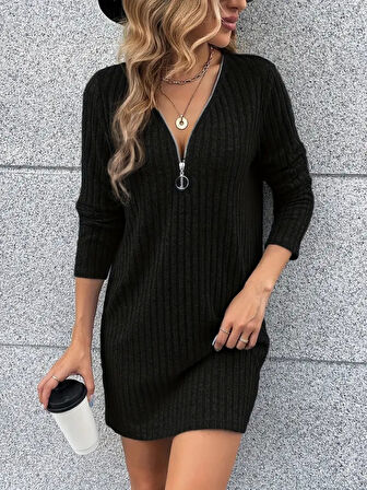 Kadın Uzun Kollu Yakadan Fermuarlı Kısa şardonlu Kaşkorse Elbise