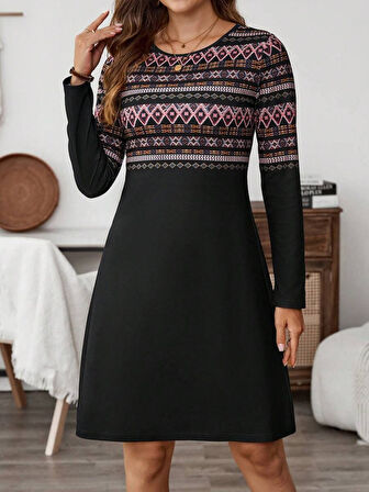 Kadın Uzun Kollu Bisiklet Yaka Etnik Desenli Kısa şardonlu Dalgıç Elbise
