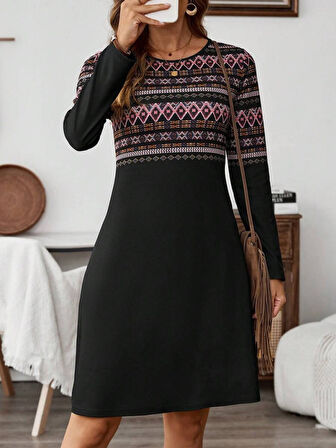 Kadın Uzun Kollu Bisiklet Yaka Etnik Desenli Kısa şardonlu Dalgıç Elbise