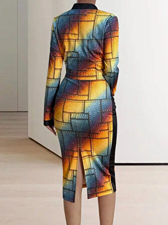 Kadın Uzun Kollu Askılı Yuvarlak Yaka Desenli Dalgıç Bluz Ceket Ve Etek üçlü Takım